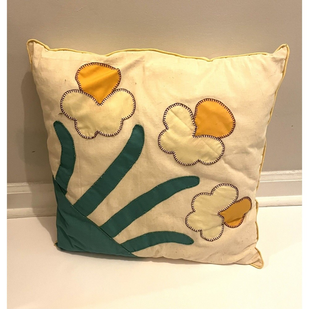Vintage Lovely Embroidered Throw Pillow Flowers Cream Green Yellow